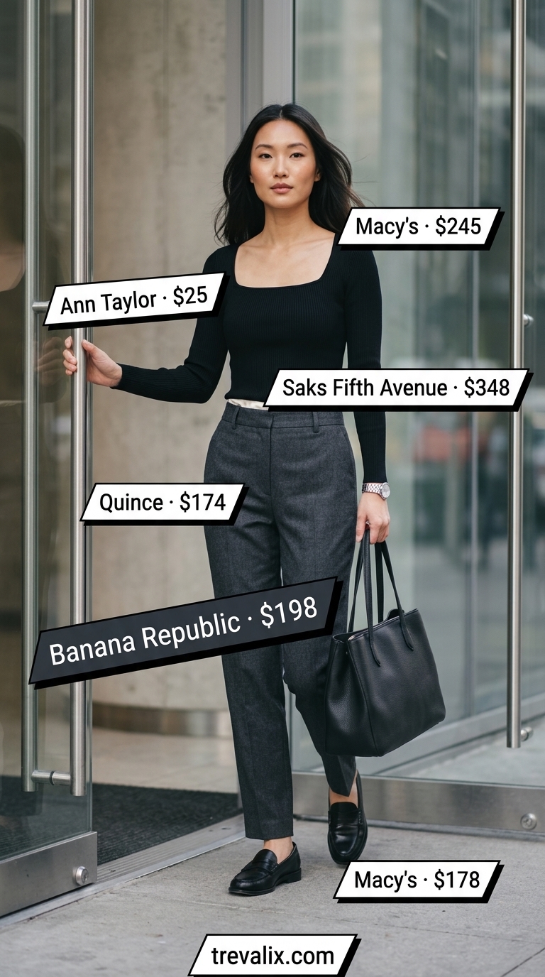 Creamy ivory square neck blouse with charcoal grey trousers for chic workwear outfits for women 2026.