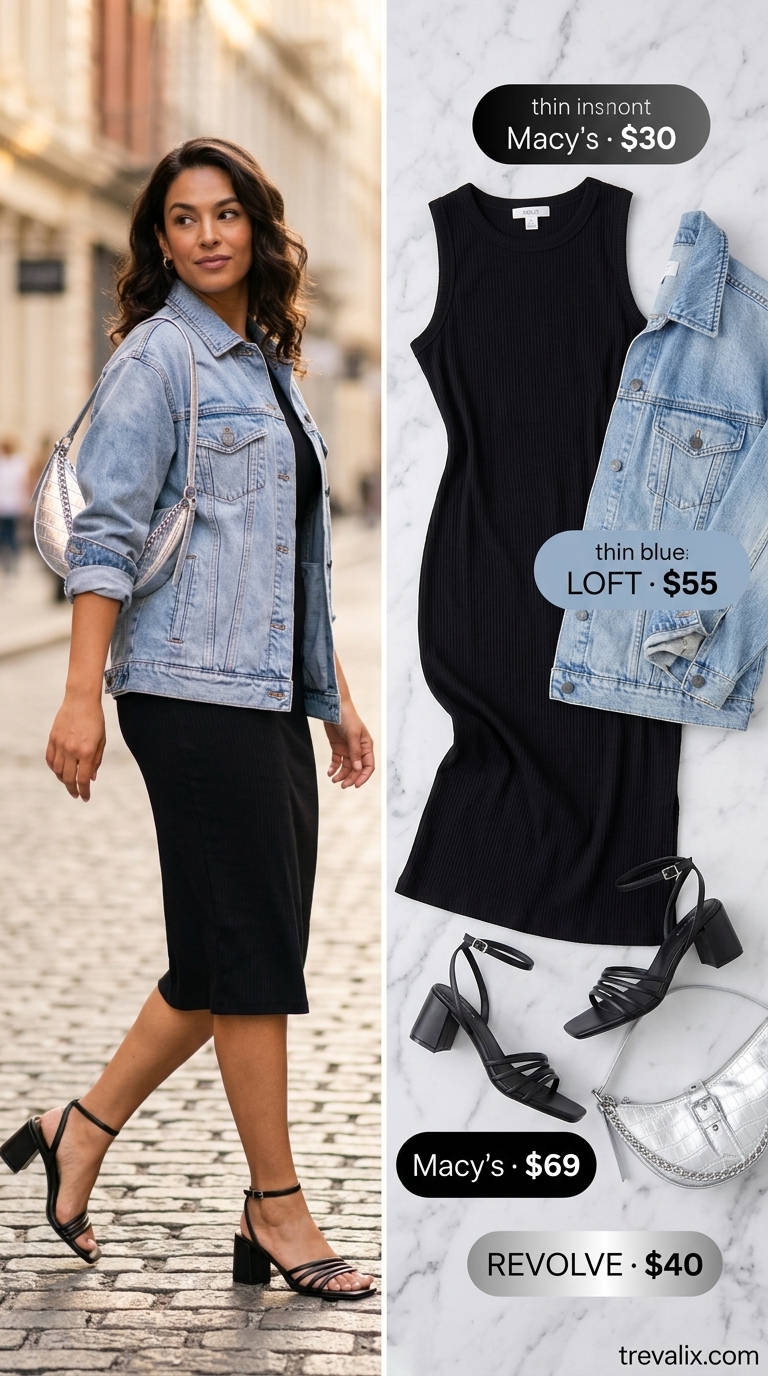 Sleek summer sundress outfits 2026: Black ribbed midi dress with denim jacket & silver sandals for city dinner dates.