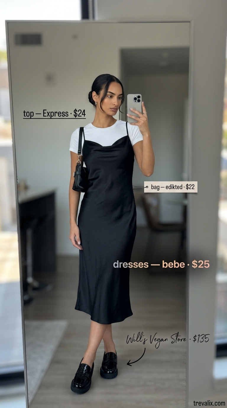 Edgy summer sundress outfits 2026: Black slip dress with loafers & t-shirt for downtown chic evening events.