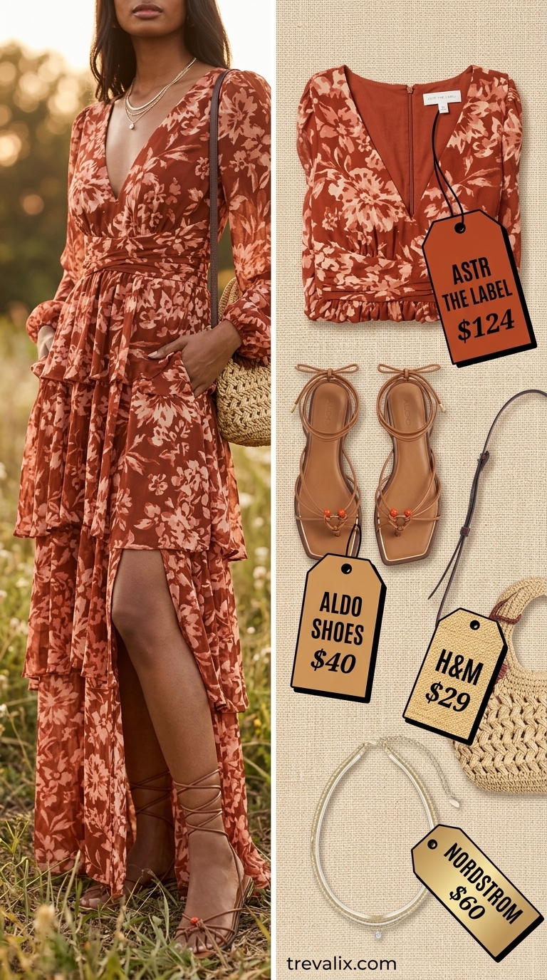 Rust floral maxi sundress with leather sandals & layered necklaces for summer sundress outfits 2026.