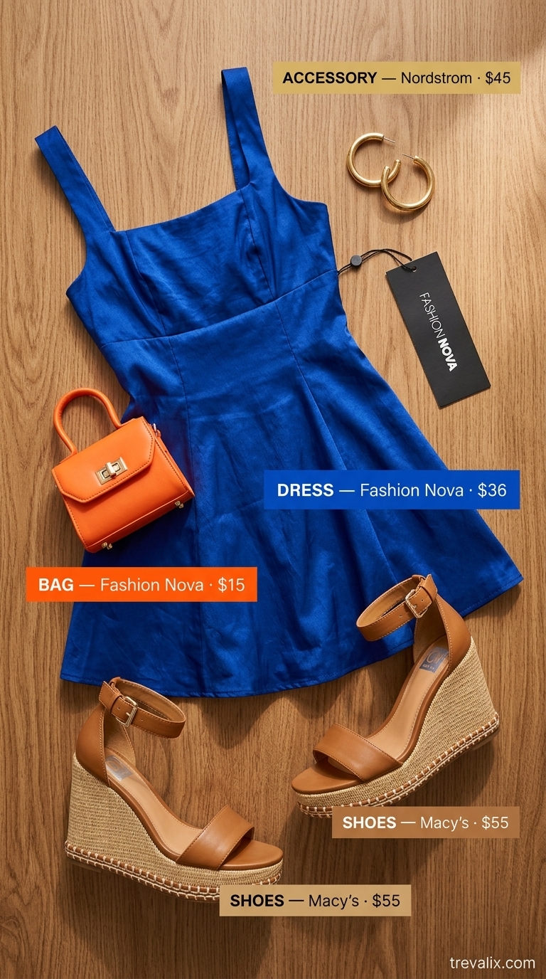 Bold summer sundress outfits 2026: Cobalt blue mini dress with espadrille wedges & orange crossbody for festivals.