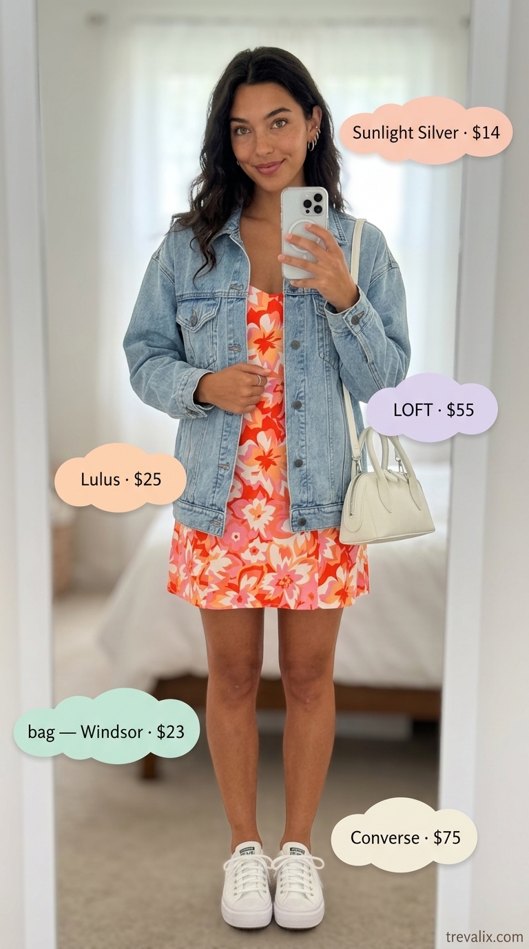 Playful summer sundress outfits 2026: Coral floral mini dress with denim jacket & platform sneakers for dates.