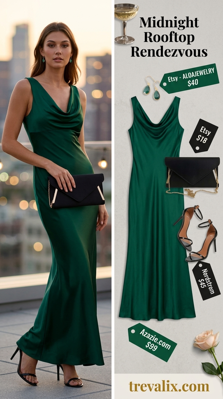 Glamorous summer sundress outfits 2026: Emerald green satin slip dress, black clutch, stiletto sandals, gold drop earrings.