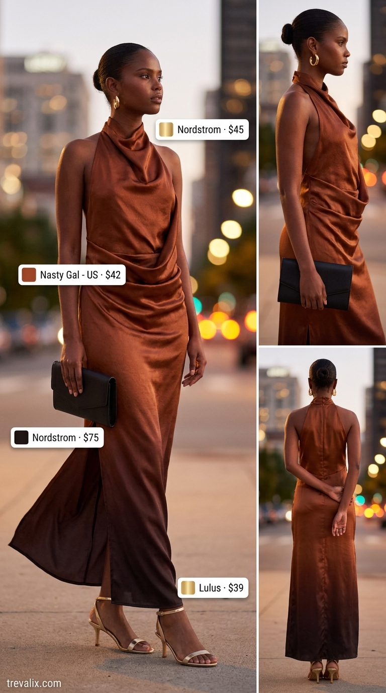 Rust satin slip maxi dress with gold accessories for summer sundress outfits 2026.
