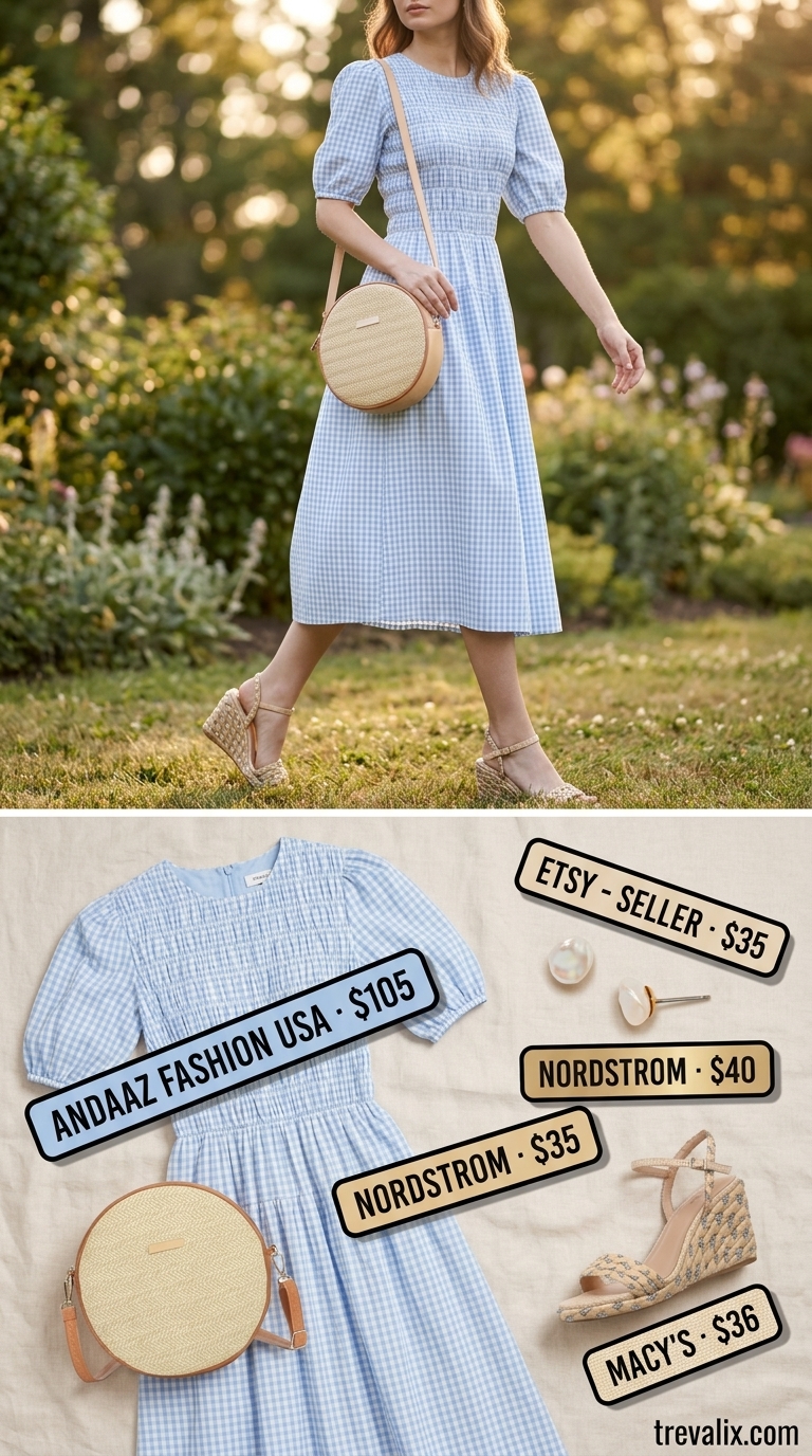 Charming summer sundress outfits 2026: Pastel blue gingham midi dress, espadrille wedges, straw crossbody, pearl studs.