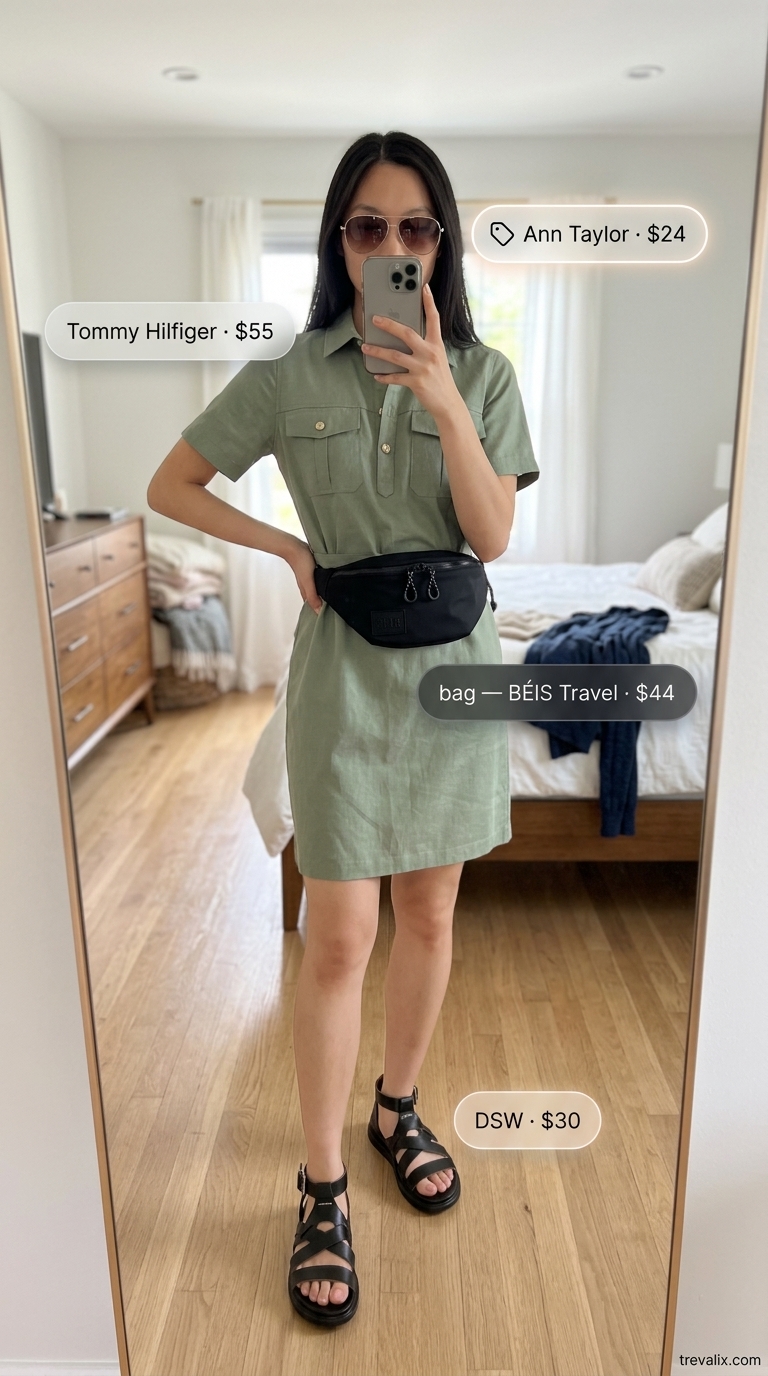 Adventurous summer sundress outfits 2026: Khaki green utility shirtdress, chunky sandals, belt bag, aviator sunglasses.