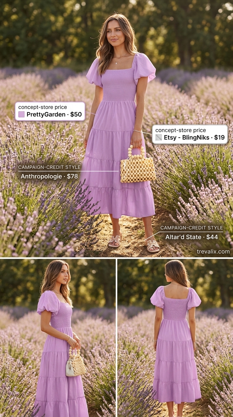 Lavender tiered midi sundress with flat sandals & wooden bag for summer sundress outfits 2026.