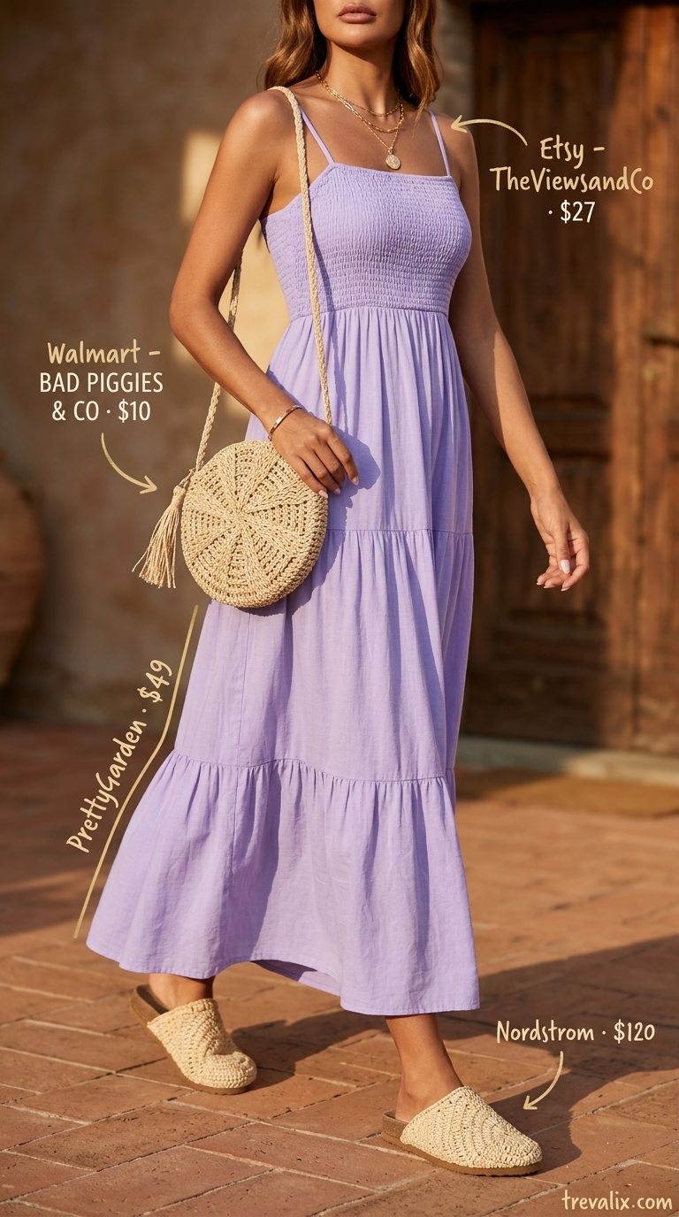 Bohemian summer sundress outfits 2026: Lavender maxi dress with straw bag & layered necklaces for picnics.
