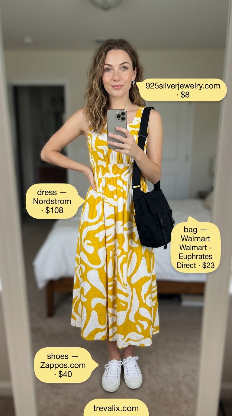 Artsy summer sundress outfits 2026: Mustard abstract print midi dress with white sneakers & black crossbody bag for gallery hopping.