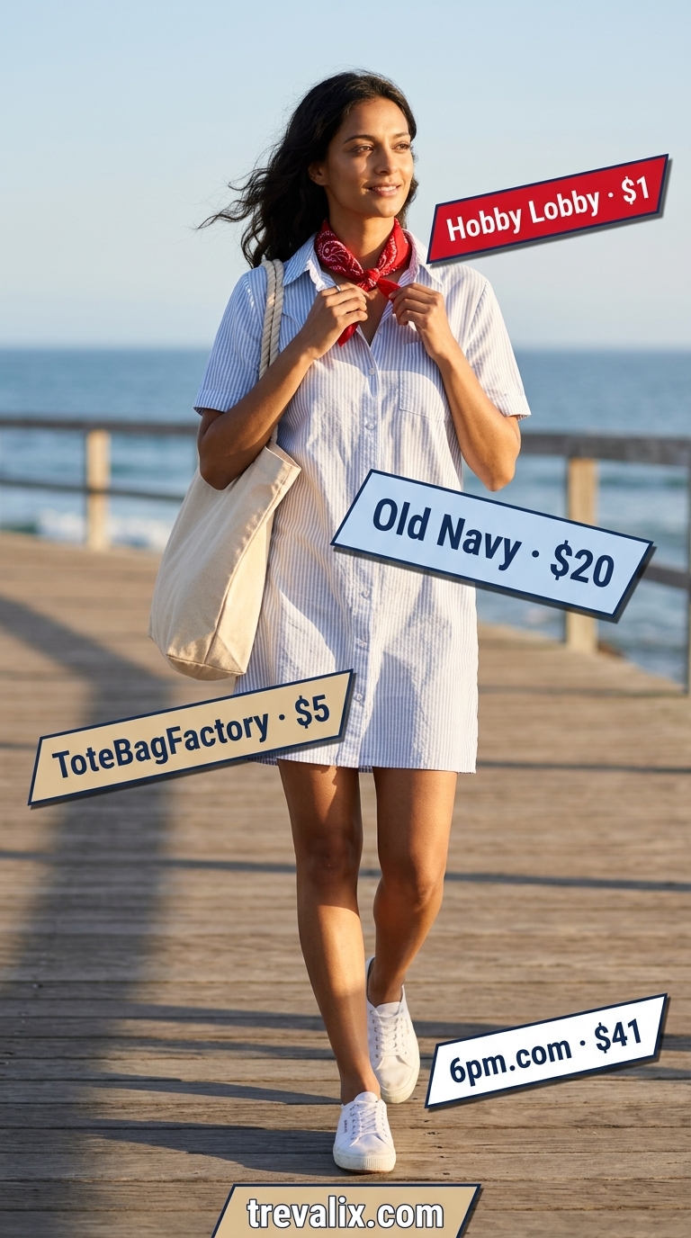 Nautical summer sundress outfits 2026: Navy and white stripe mini shirt dress, canvas tote, white sneakers, red bandana.