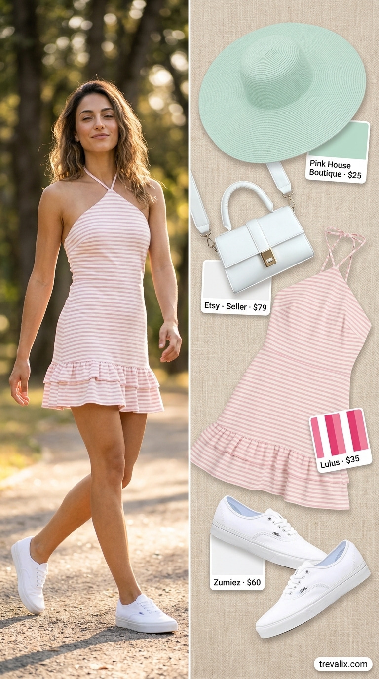 Pink and white striped mini sundress with sneakers & straw hat for summer sundress outfits 2026.