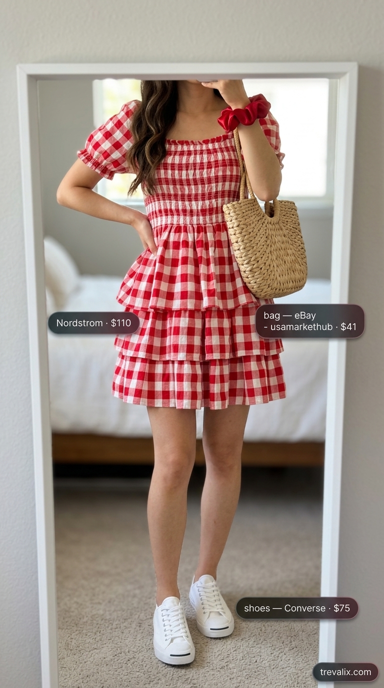 Retro summer sundress outfits 2026: Red gingham mini dress with white sneakers & straw basket bag for picnics.