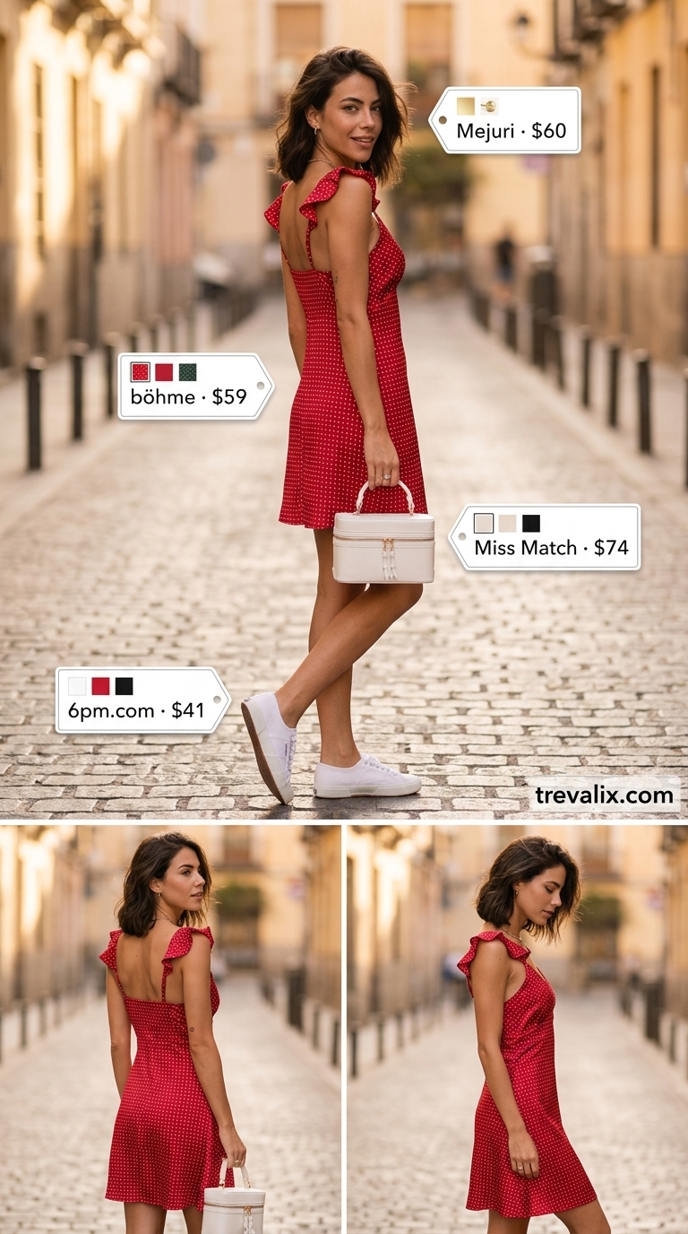 Red polka dot mini sundress with sneakers & box bag for summer sundress outfits 2026.