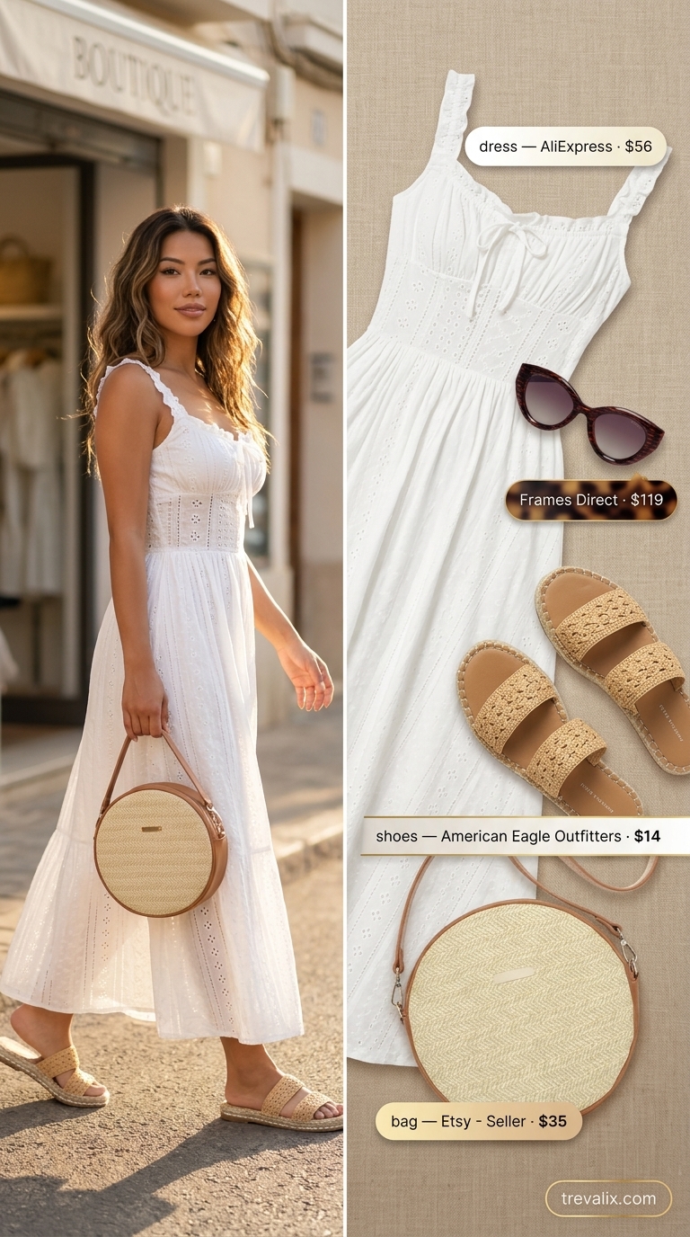 White eyelet maxi sundress with espadrilles & straw bag for summer sundress outfits 2026.
