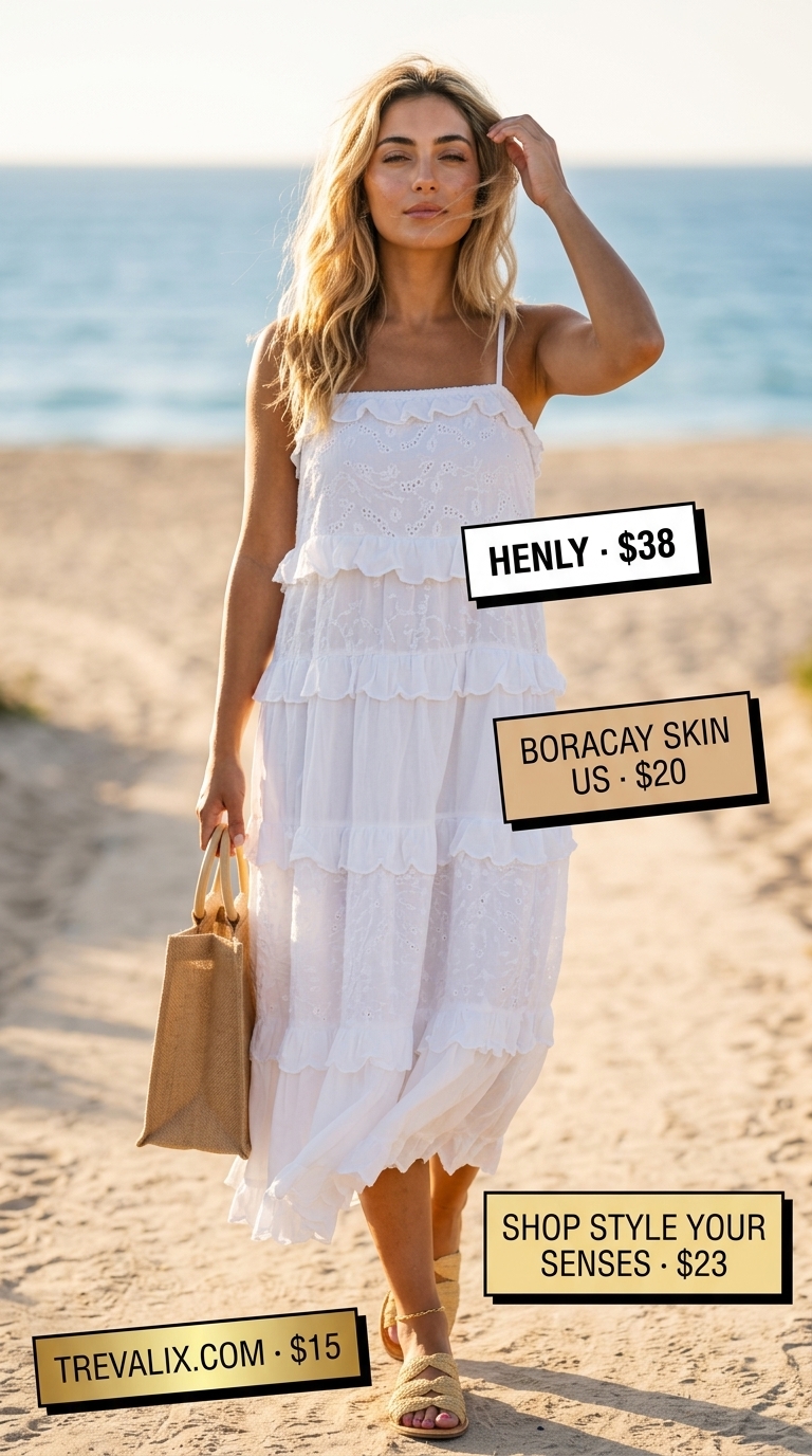 Romantic summer sundress outfits 2026: White eyelet tiered maxi dress, raffia slides, jute bag, gold anklet.