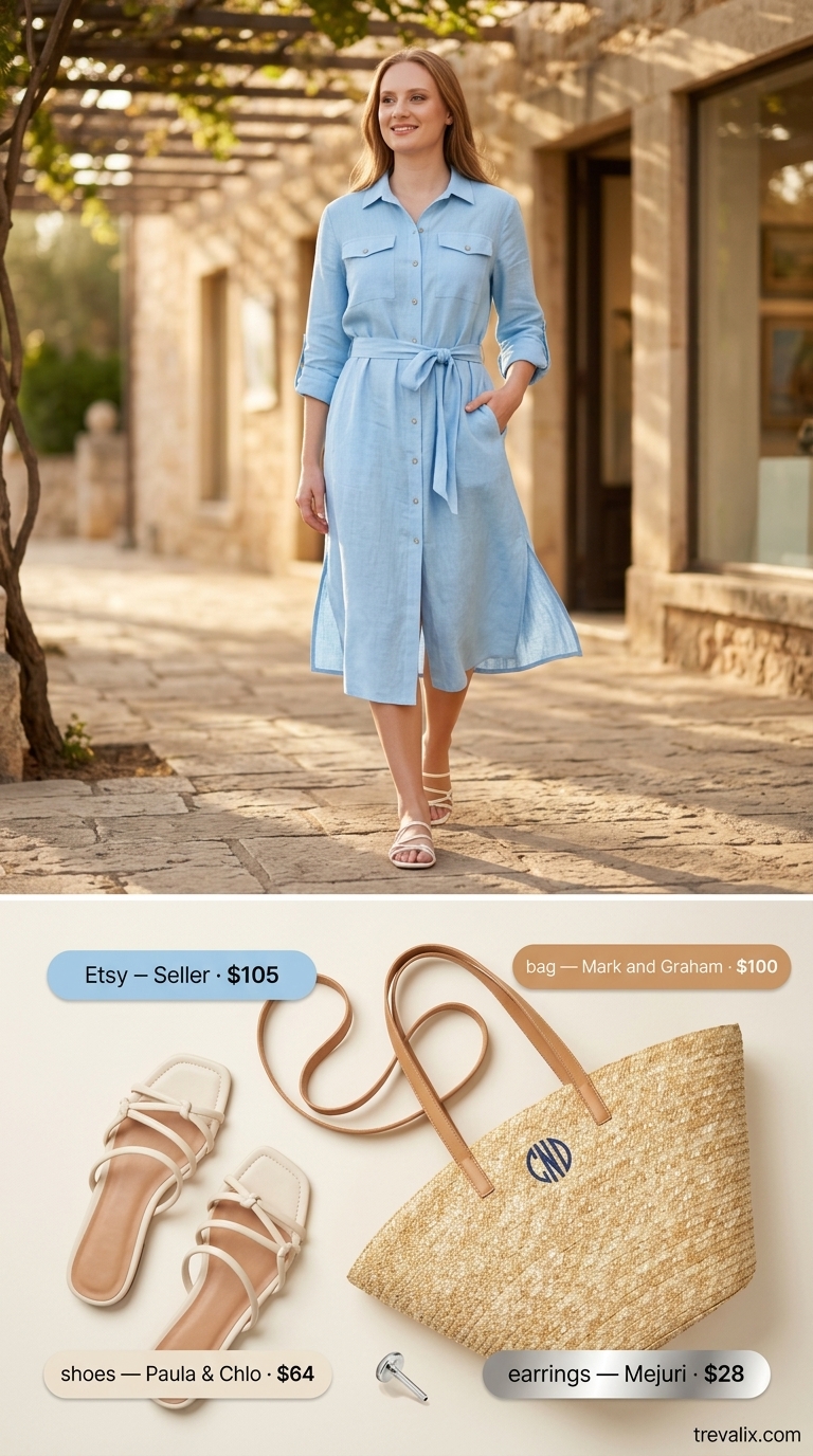 Polished summer sundress outfits 2026: Sky blue linen midi shirt dress with straw tote & leather slides for seaside.