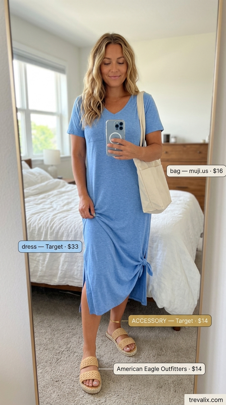 Relaxed summer sundress outfits 2026: Sky blue maxi t-shirt dress with espadrilles & canvas tote for beach brunch.
