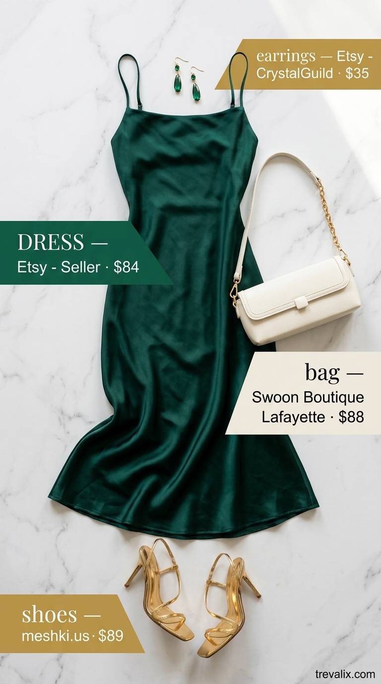 Emerald green satin slip dress with gold heels & clutch for summer sundress outfits 2026.