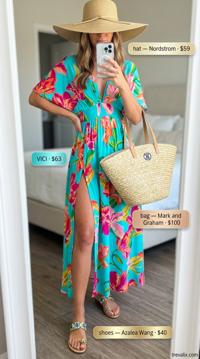 Glamorous summer sundress outfits 2026: Turquoise maxi caftan with straw hat & beach tote for tropical getaways.