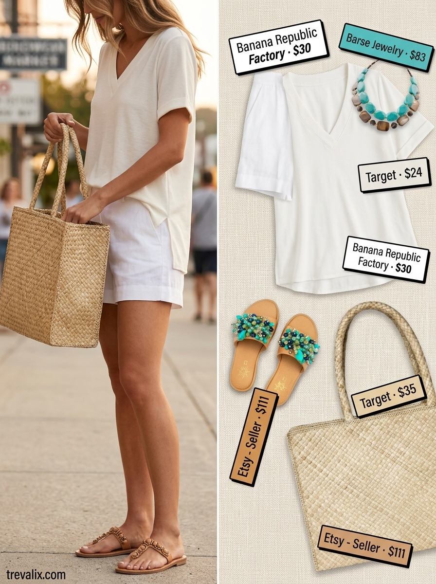 Boho beach day summer v-neck outfits women 2026: Cream V-neck tunic with white shorts and beaded sandals.