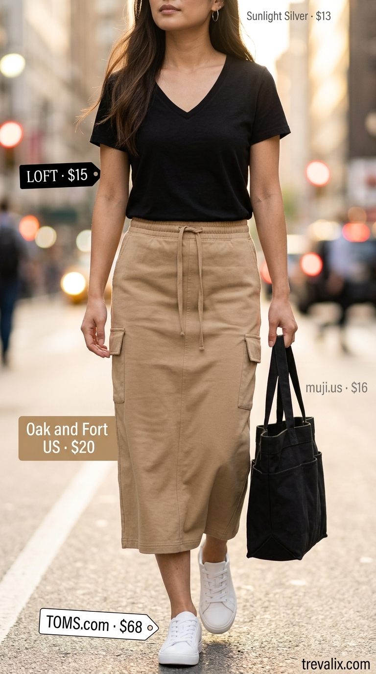 Casual summer v-neck outfits women 2026: Beige cargo skirt, black V-neck tee, white sneakers for daytime.