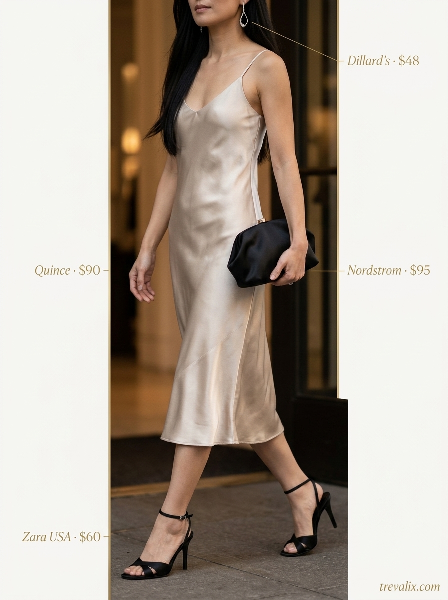 Glamorous summer v-neck outfits women 2026: Champagne V-neck slip dress, black heels for evening events.