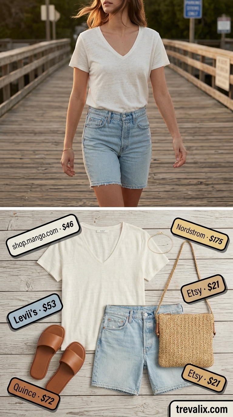 Coastal breeze summer v-neck outfits women 2026: White linen V-neck tee with denim shorts and straw crossbody bag.