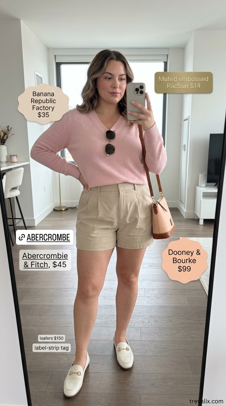 Polished summer v-neck outfits women 2026: Coral V-neck sweater, chino shorts, loafers for brunch.