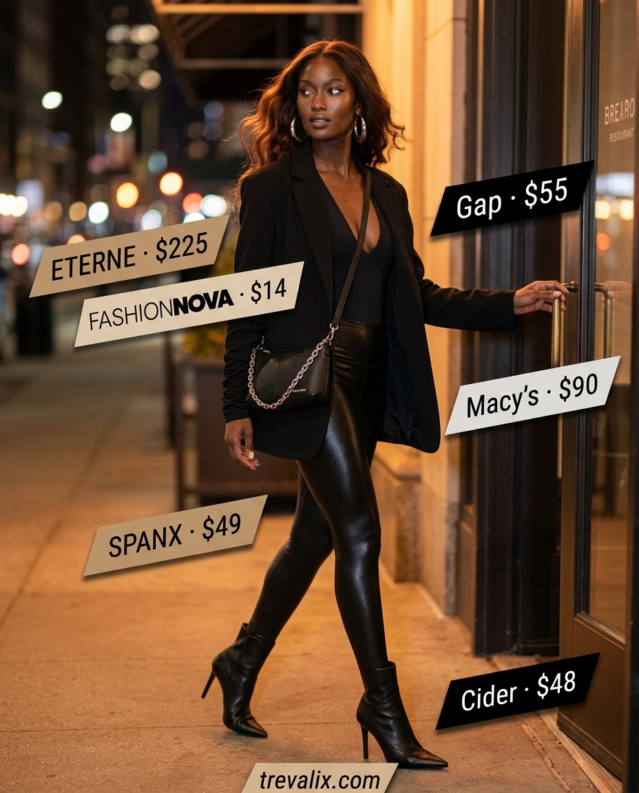 Edgy summer v-neck outfits women 2026: Black V-neck bodysuit, faux leather leggings, blazer, boots for a night out.
