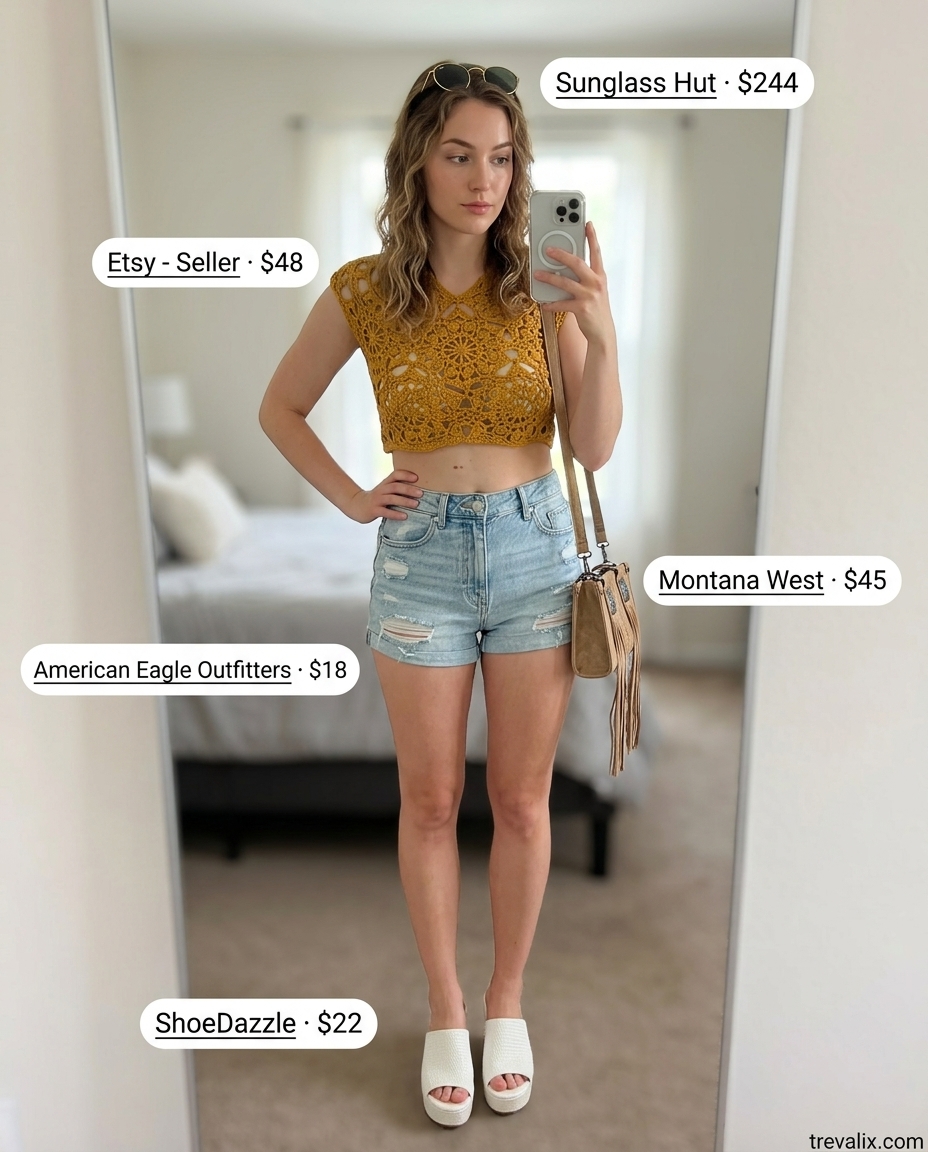 Summer festival v-neck outfits women 2026: Mustard yellow crochet V-neck top with distressed denim shorts.