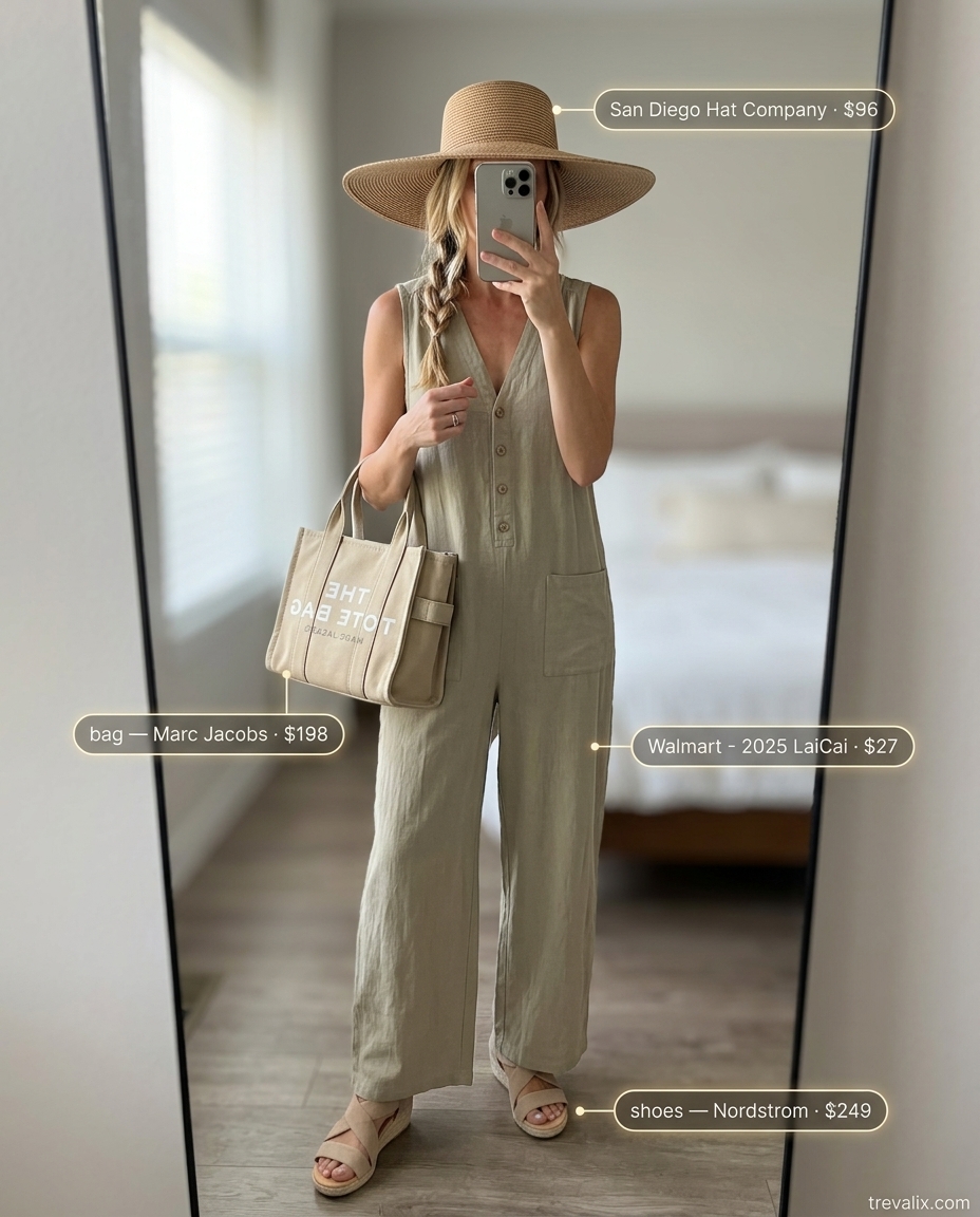 Comfortable summer v-neck outfits women 2026: Khaki linen jumpsuit, espadrilles, straw hat for travel.