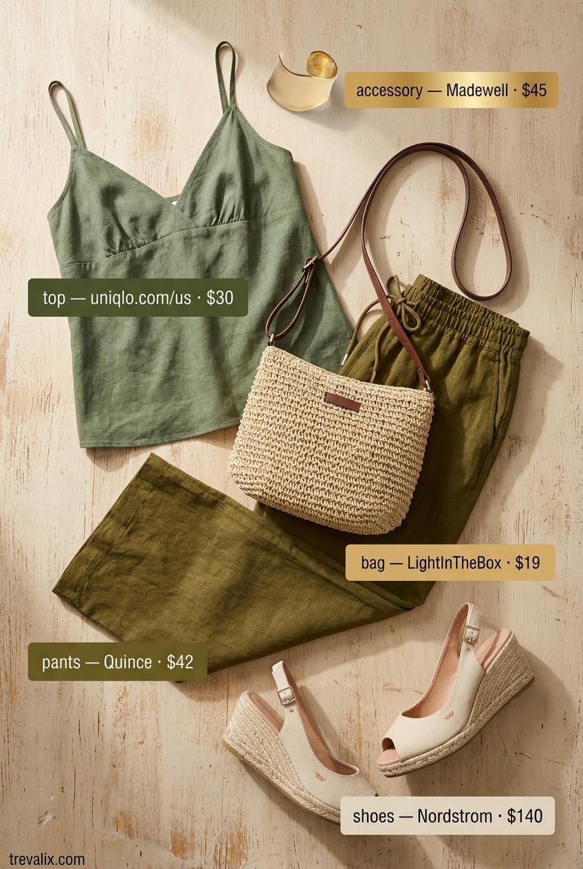 Elegant summer v-neck outfits women 2026: Olive green linen set, camisole, wide-leg pants, espadrilles for vacation.