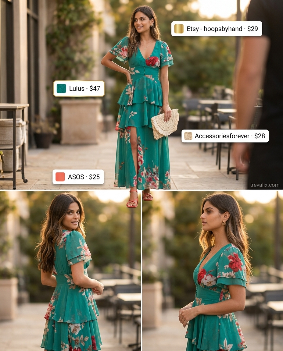 Summer evening v-neck maxi outfits women 2026: Teal floral maxi dress with coral sandals for vacation dinner.