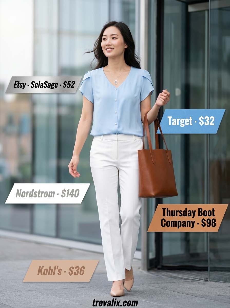 Summer office v-neck outfits women 2026: Sky blue V-neck blouse with white trousers and nude block heels for work.