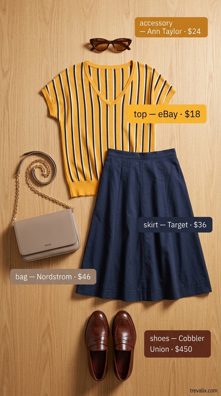 Playful summer v-neck outfits women 2026: Striped V-neck knit top, navy midi skirt, loafers for a retro vibe.