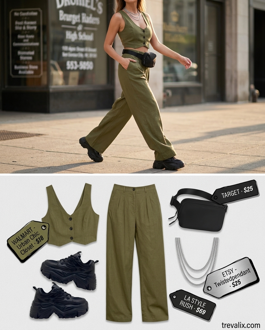 Urban Explorer summer v-neck outfits women 2026: Olive green cropped V-neck tank with cargo pants and chunky sneakers.