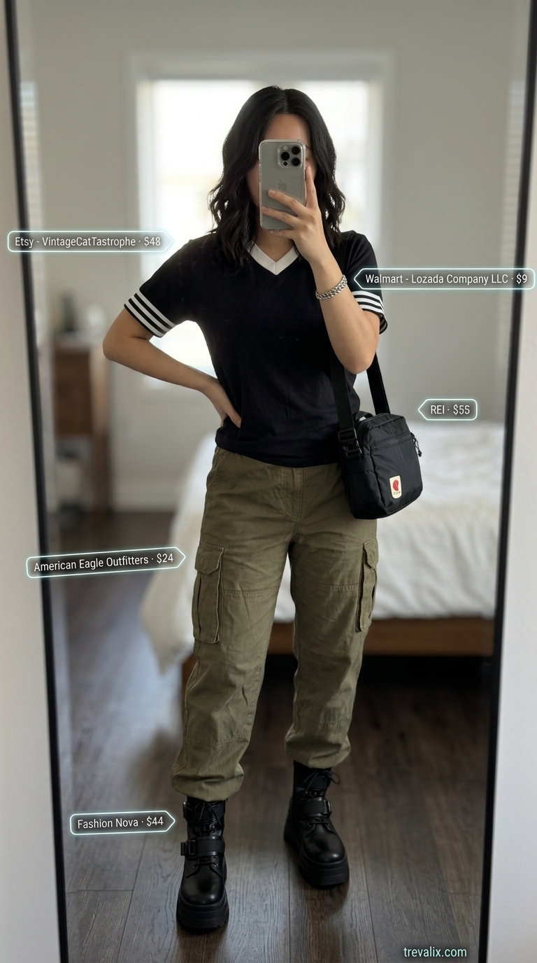 Urban explorer summer v-neck outfits women 2026: Black graphic V-neck tee with olive cargo pants and combat boots.
