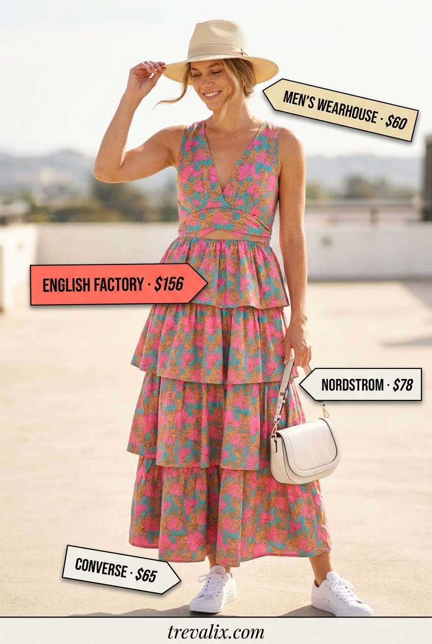 Vacation ready summer v-neck outfits women 2026: Multi-color floral V-neck maxi dress with white sneakers.