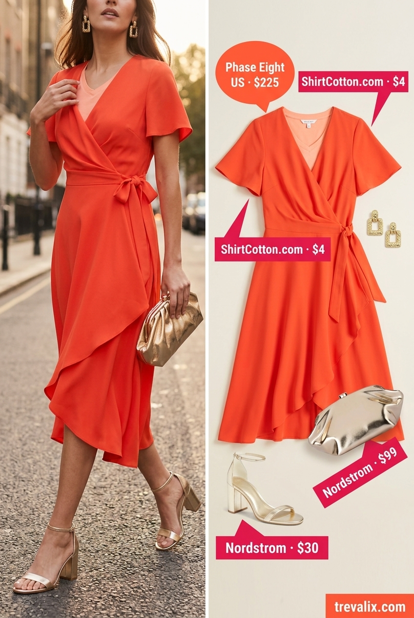 Sunset glow summer v-neck outfits women 2026: Coral orange wrap dress with gold strappy heels for evening dinner.