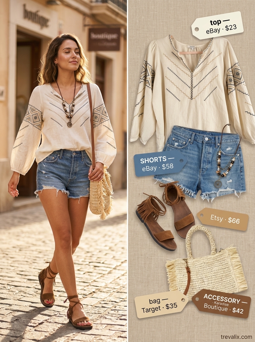 Boho summer v-neck outfits women 2026: Cream peasant blouse, denim shorts, fringe sandals for festivals.