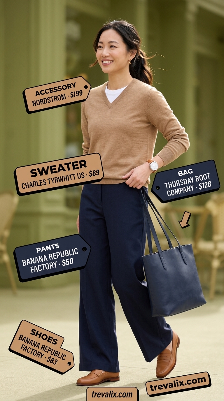 Weekend brunch summer v-neck outfits women 2026: Beige sweater, navy trousers, loafers for smart casual.