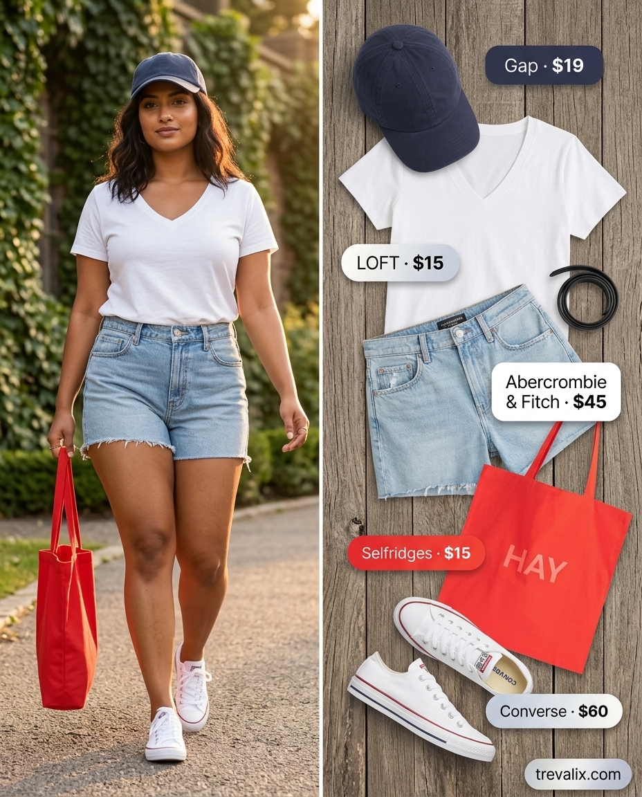 Casual summer v-neck outfits women 2026: White tee, denim shorts, sneakers for weekend errands.