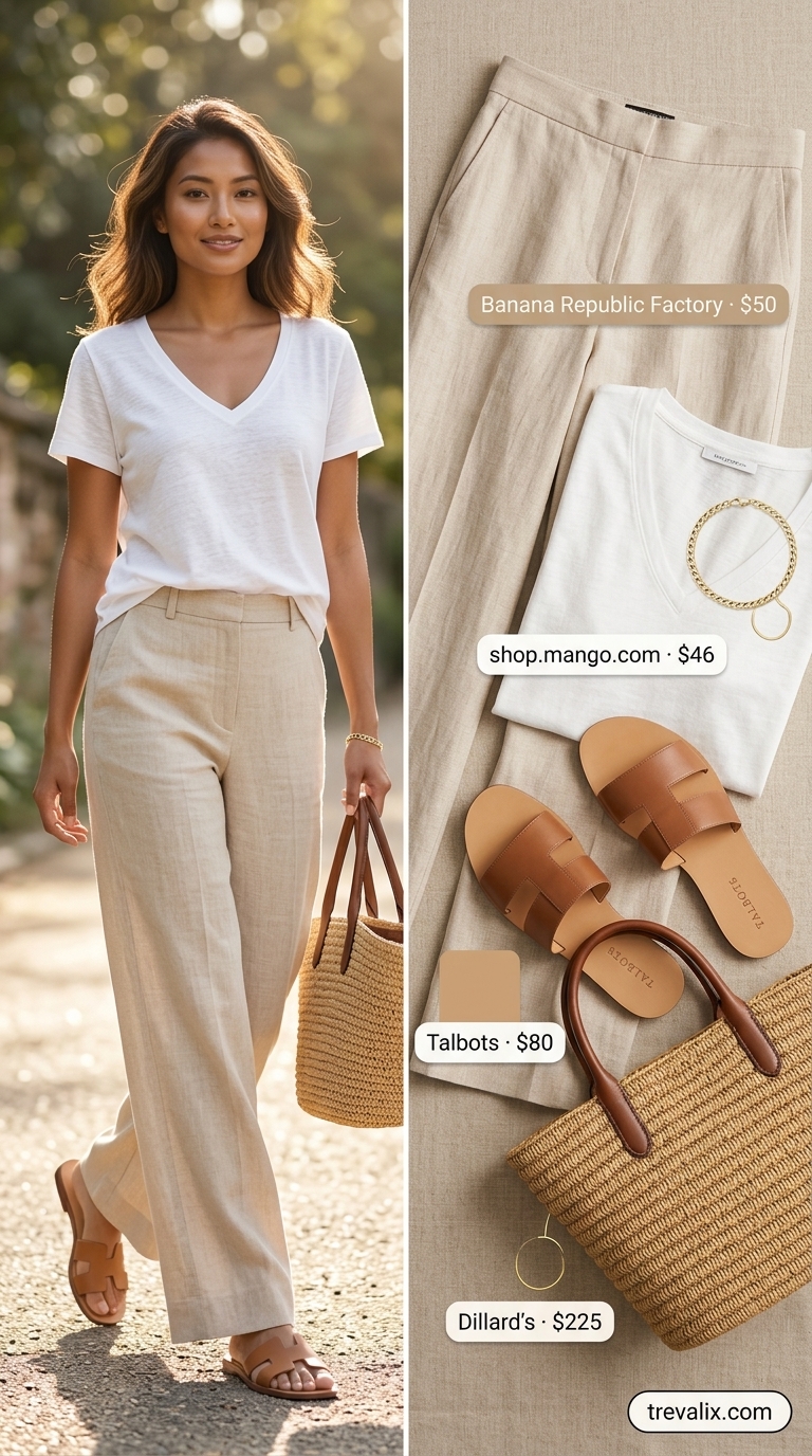 Coastal summer v-neck outfits women 2026: White linen pants, V-neck tee, straw tote for brunch.