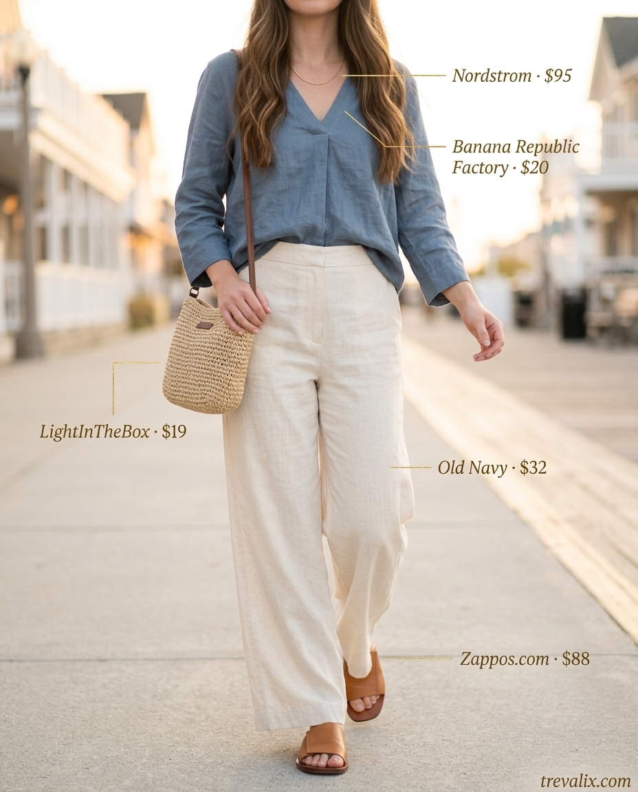 Coastal summer v-neck outfits women 2026: Light blue pants, cream V-neck tee, straw bag for beach.