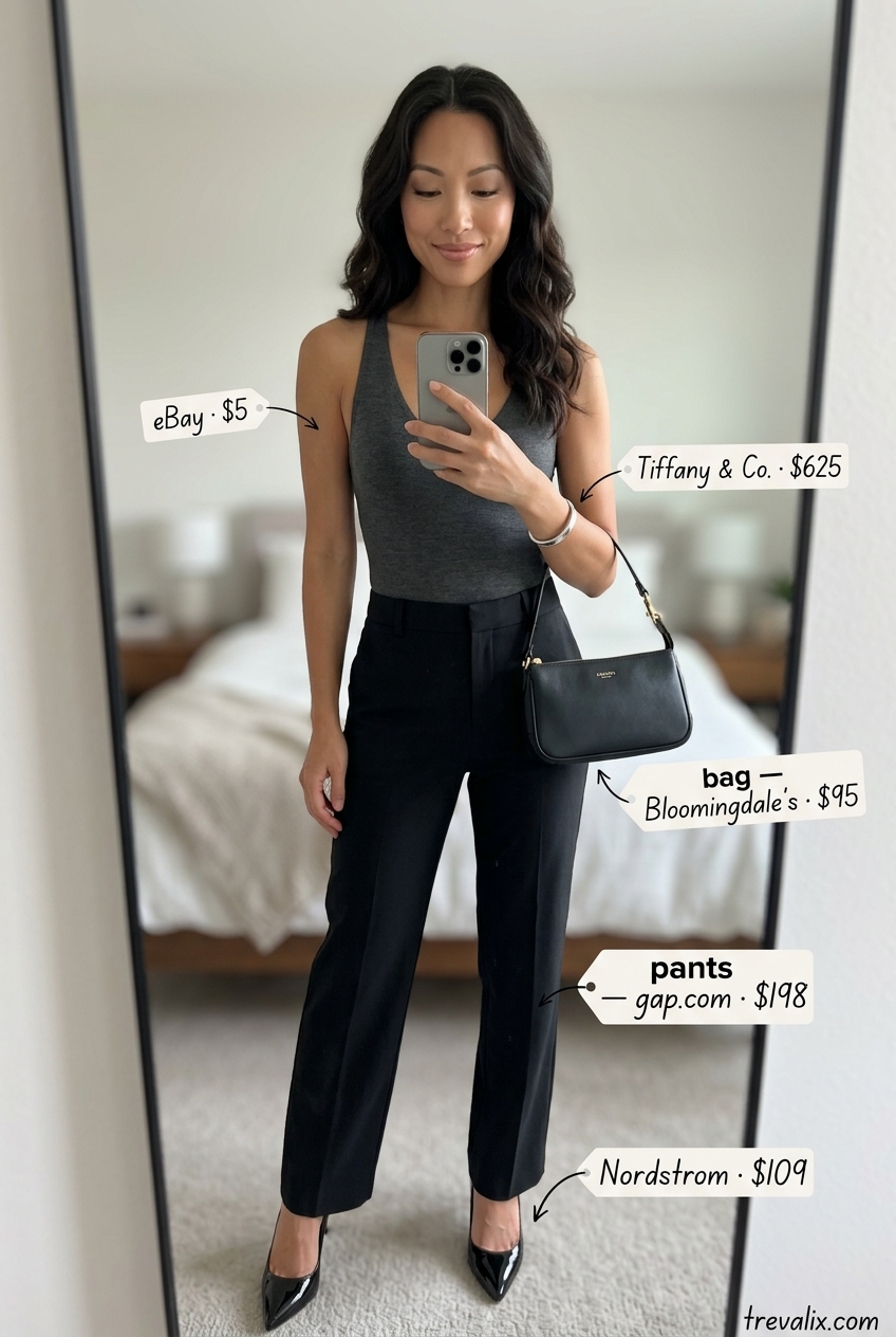 Modern minimalist summer v-neck outfits women 2026: Grey bodysuit, black pants, pumps for dinner.