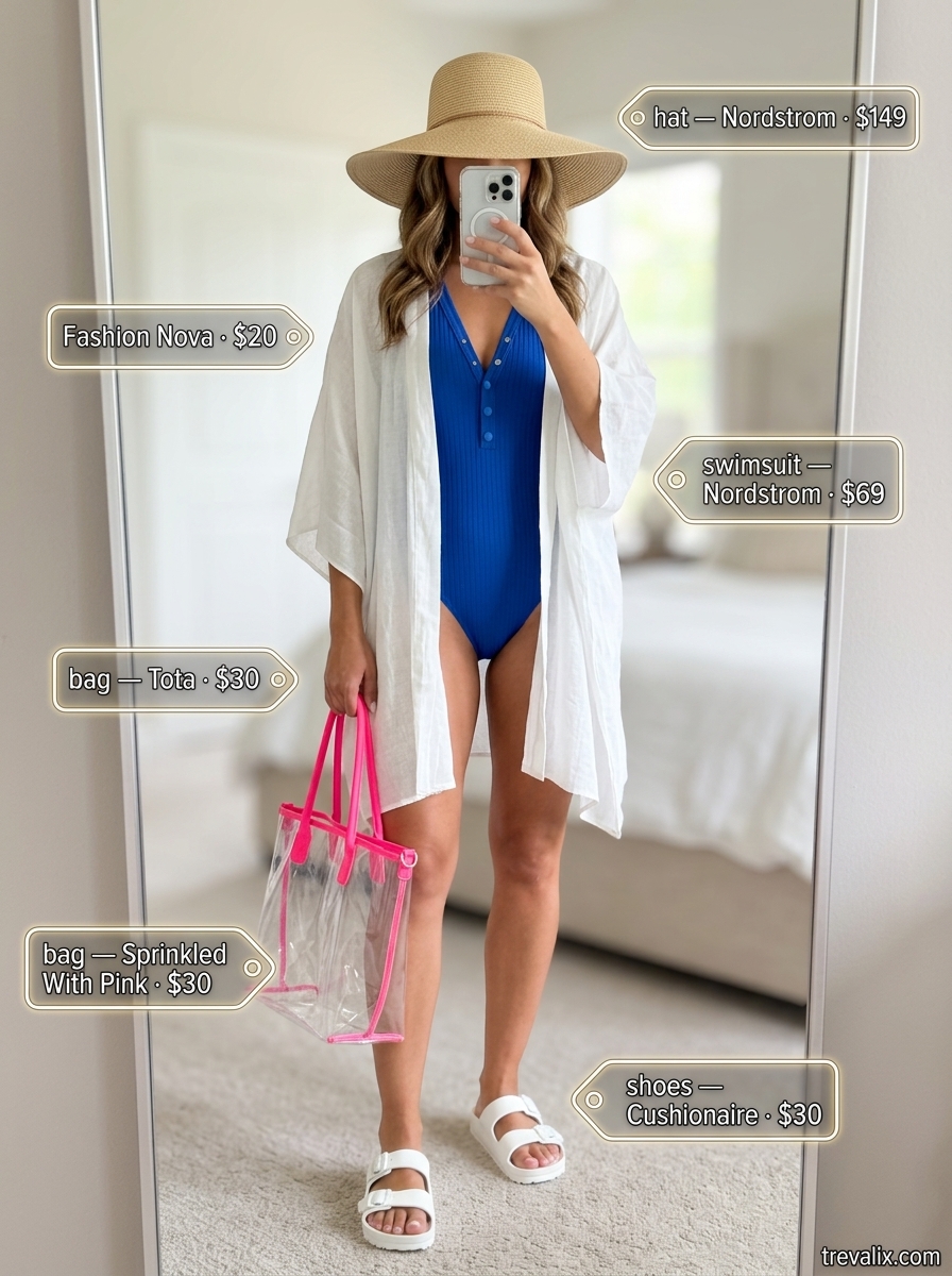 Poolside chic summer v-neck outfits women 2026: Blue swimsuit, white kimono, straw hat for vacation.