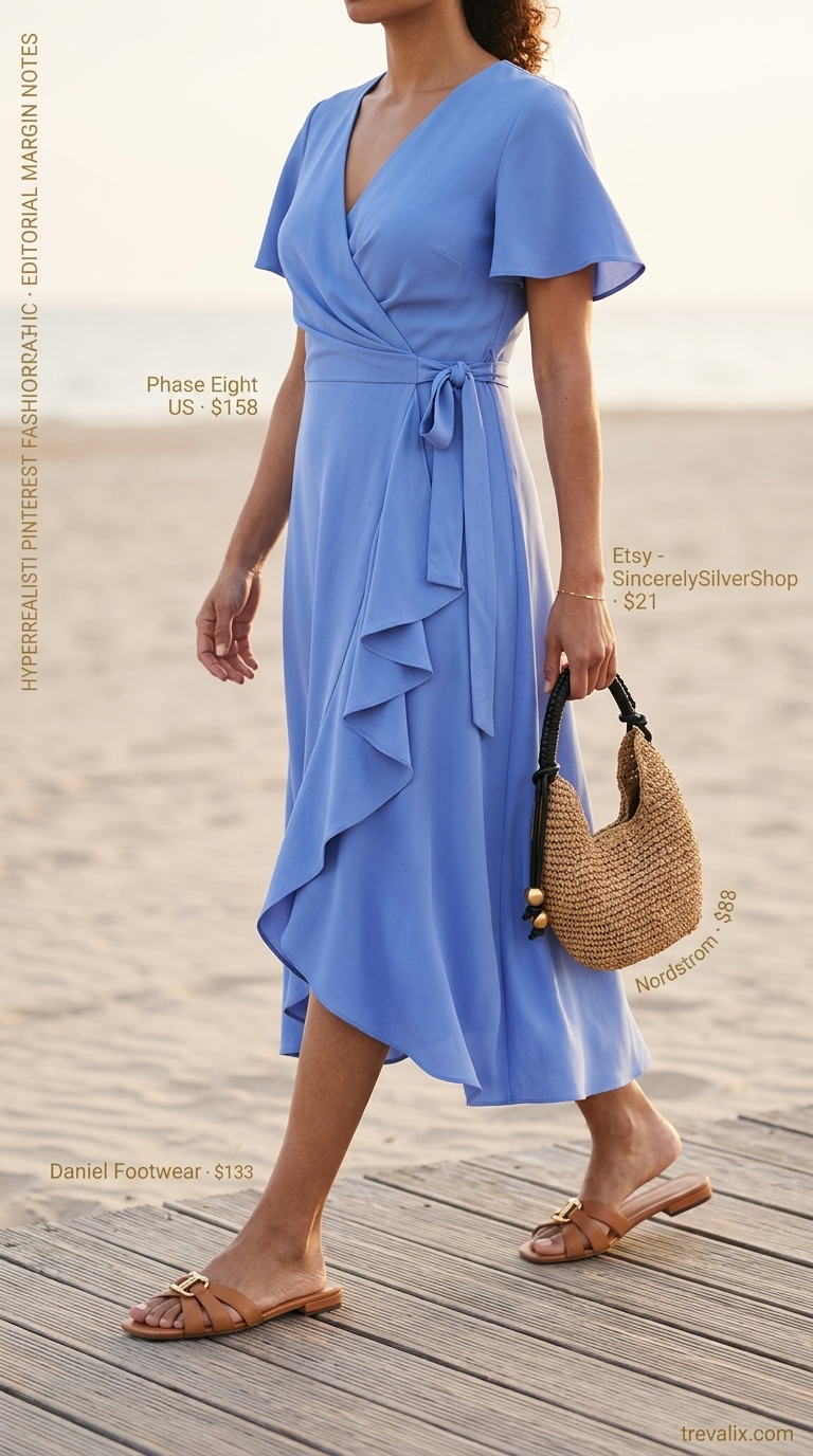 Sky blue midi wrap dress for beach day, paired with tan slides and a straw crossbody bag. Summer wrap dresses 2026.
