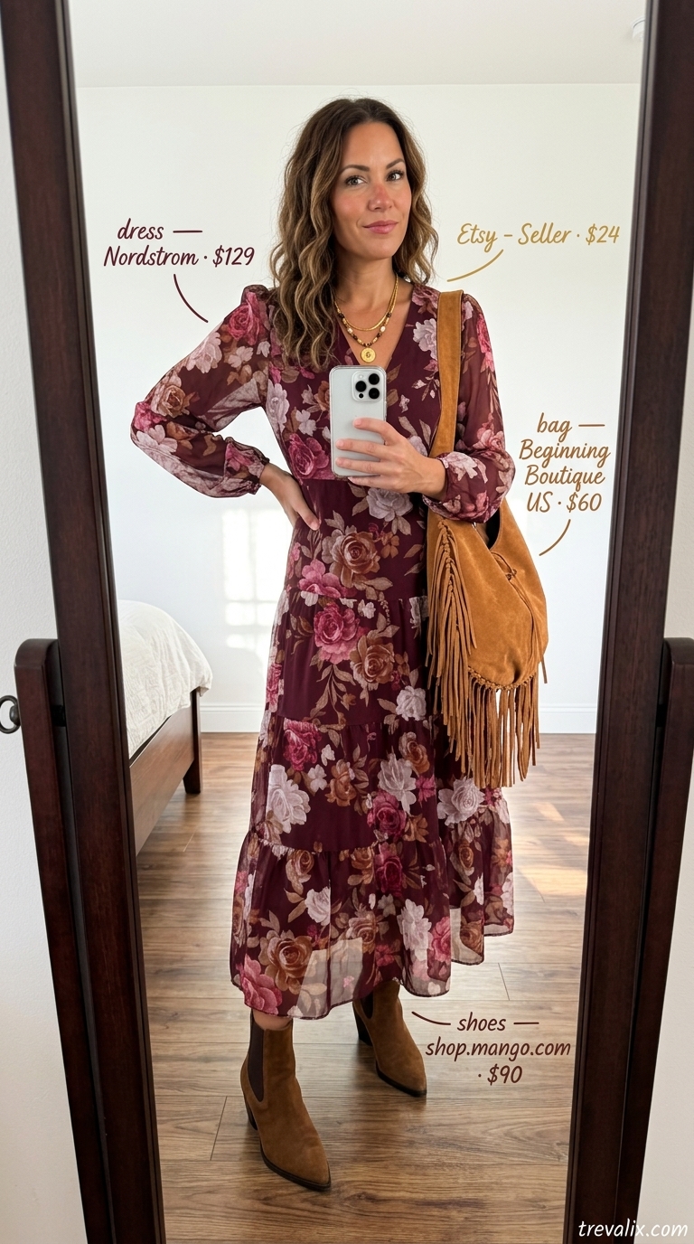 Burgundy floral maxi wrap dress with tan boots and fringe bag for summer festival 2026.