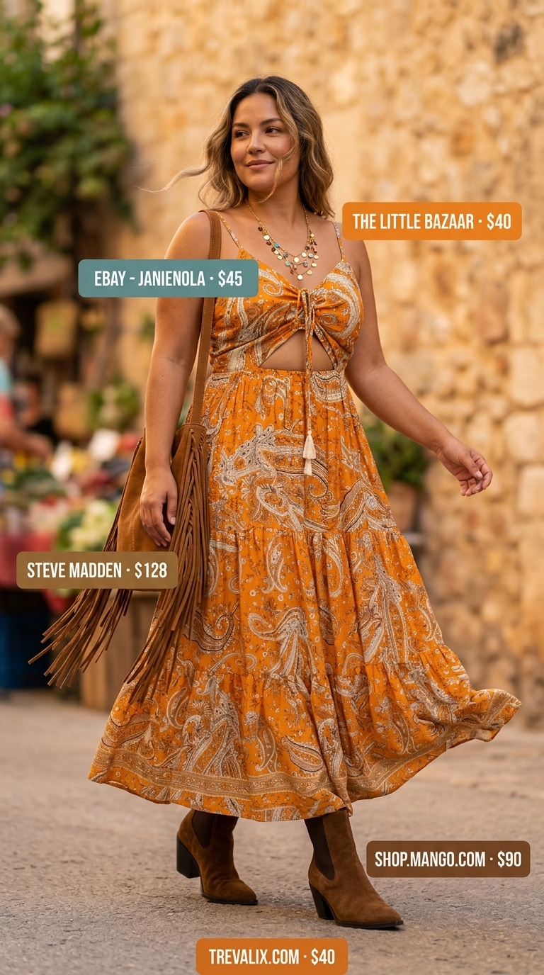 Teal paisley maxi wrap dress with tan boots and fringe bag for summer festival 2026.