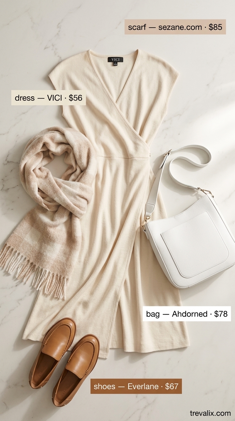 Beige midi wrap dress, neutral scarf, tan loafers for chic summer travel. Summer wrap dresses 2026.